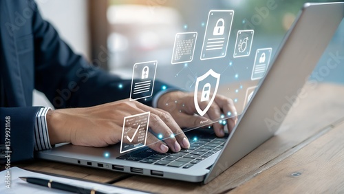 Business tracking and auditing concept, Businessman using technology track performance, Online surveys, Document approval, Business evaluation for certification compliance, Online checklist survey.