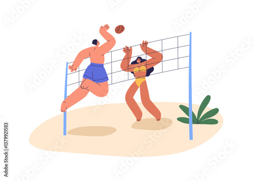 Beach volleyball, sports game. Young man and woman playing on sand court, hit...