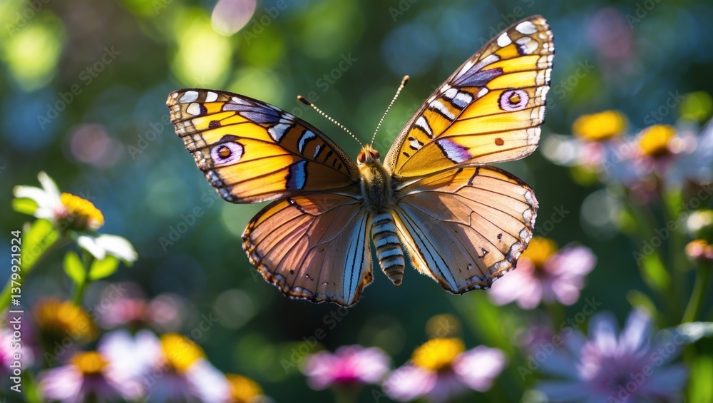 Obraz premium Stunning Macro Photograph of a Butterfly in Flight Amongst Flowers