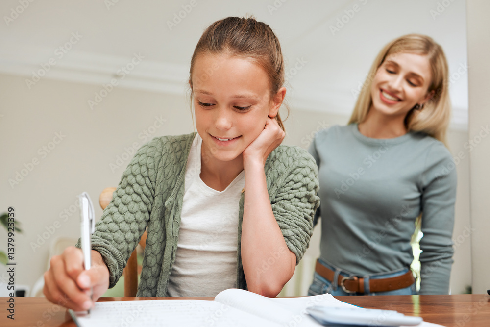 Mother, girl and happy with math homework at home for education, learning and support with care. People, homeschooling and smile or satisfied for child development, growth and project with calculator Mother, girl and happy with math homework at home for education, learning and support with care. People, homeschooling and smile or satisfied for child development, growth and project with calculator