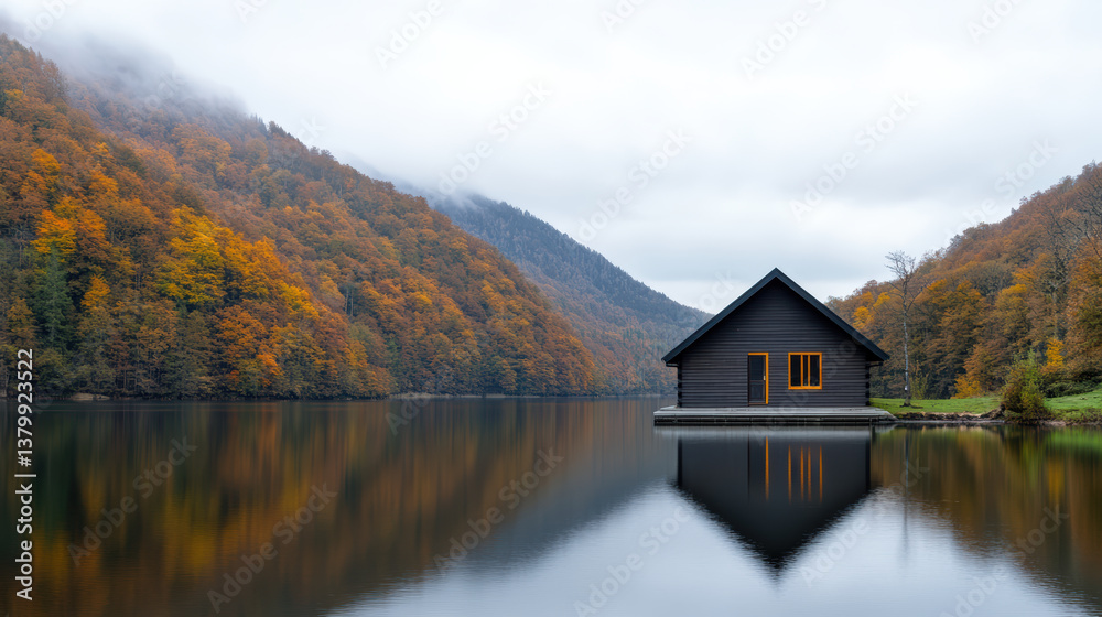 Fototapeta premium serene lakeside cabin surrounded by autumn foliage reflects beautifully in calm water