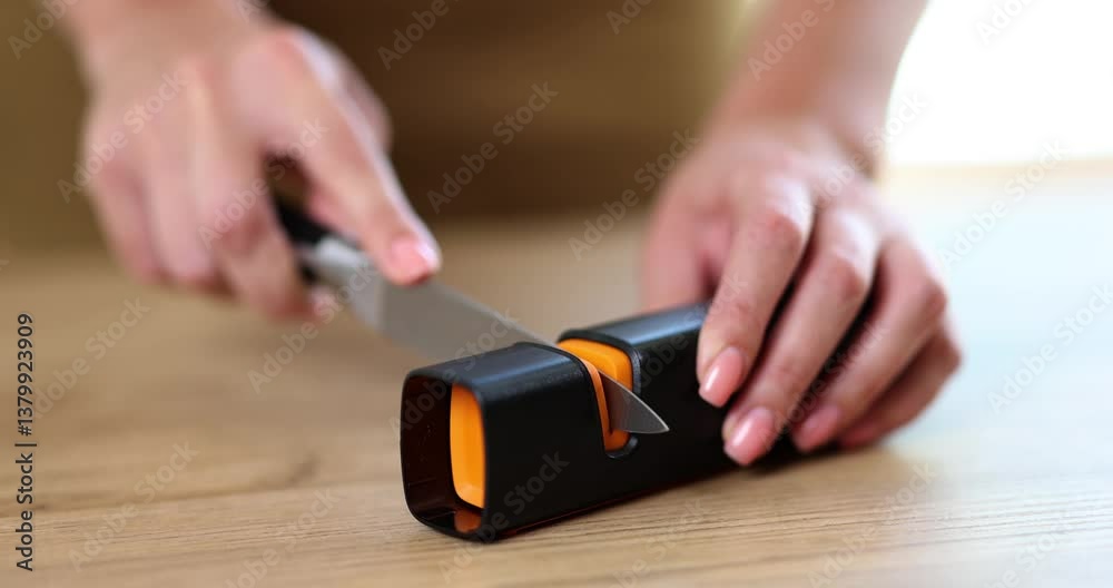 Woman uses professional sharpener on wooden countertop. Female hands sharpen stainless knife with kitchen instrument on table. Household chores