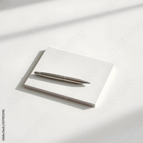 A minimalist notepad and sleek pen ready to capture inspiration, thoughts, and dreams in soft light against a pristine white background.