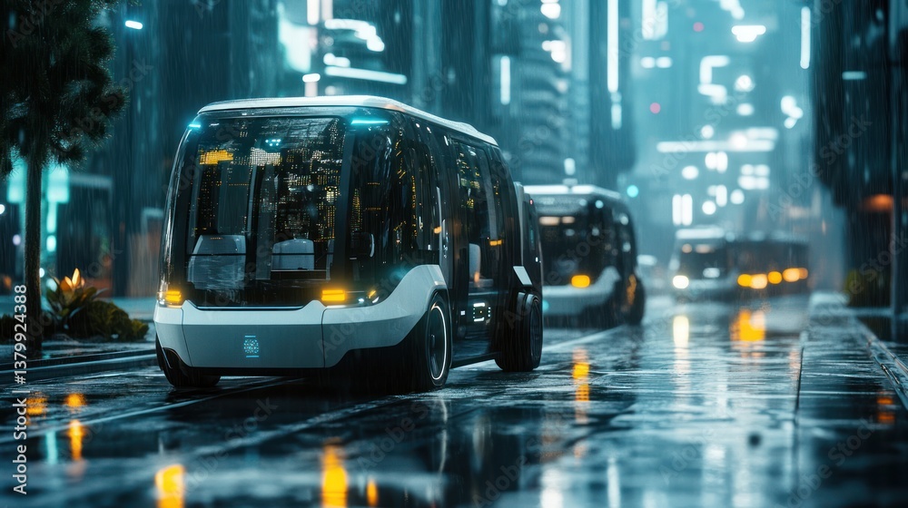 Obraz premium Futuristic Autonomous Vehicle Navigating a Rain-Soaked Cityscape at Night