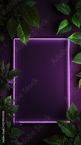 A mystical purple glow enchants lush green leaves surrounding a vibrant Purple neon frame.