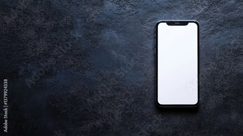 A sleek smartphone sits on a textured dark surface with a blank screen. The minimalistic design highlights the phone's features and sleek edges, inviting user interaction