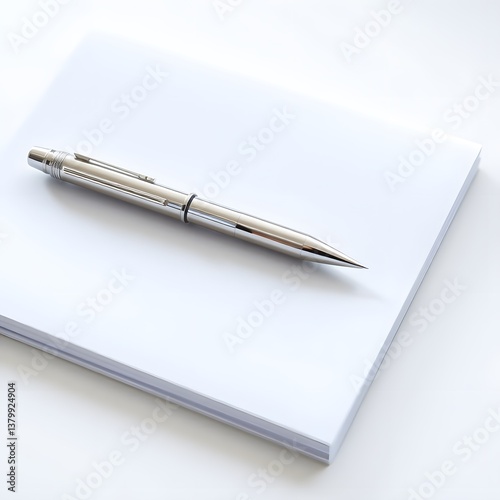 A sleek silver pen poised on a pristine white notepad, ready to capture brilliant ideas and elegant thoughts against a clean, bright background.