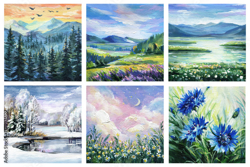 Set of beautiful paintings on canvas. Forest landscape, mountains, flowers, sky with clouds, moon. Blooming Cornflowers 