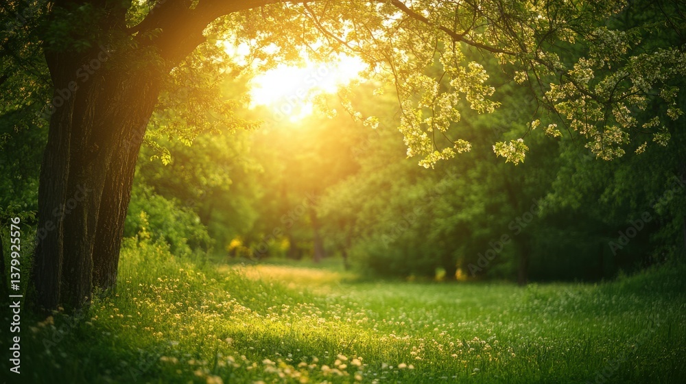 Golden sunlight streams through the branches of trees in the evening, illuminating a serene meadow adorned with colorful wildflowers and lush greenery Golden sunlight streams through the branches of trees in the evening, illuminating a serene meadow adorned with colorful wildflowers and lush greenery