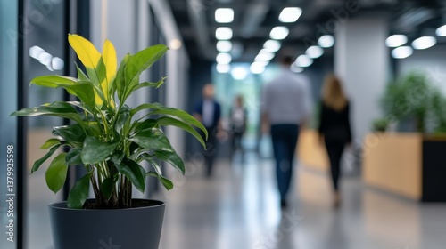 Groups of casually dressed individuals are walking through a modern office hallway, with a vibrant plant prominently featured in the foreground
