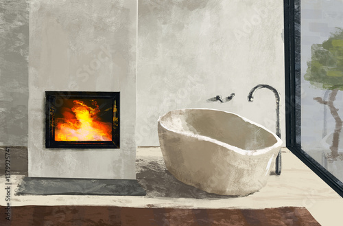 illustration of the design of a bathroom with a bathtub, fireplace and a large window in beige tones