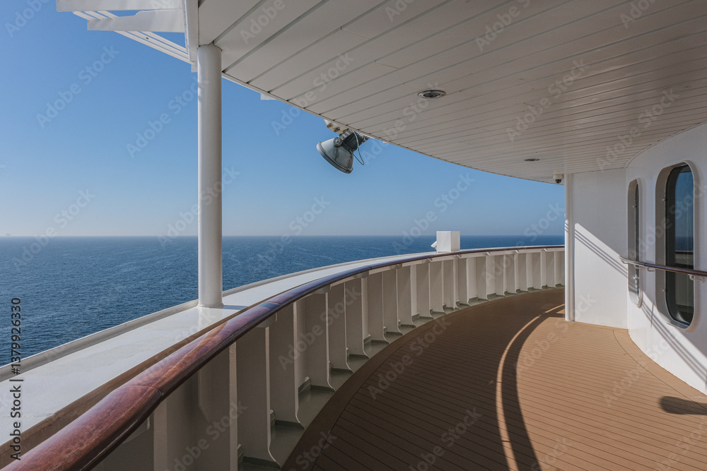 Dream holiday vacation transatlantic passage to New York on legendary ocean liner cruiseship cruise ship on sunny day with horizon and seascape view
