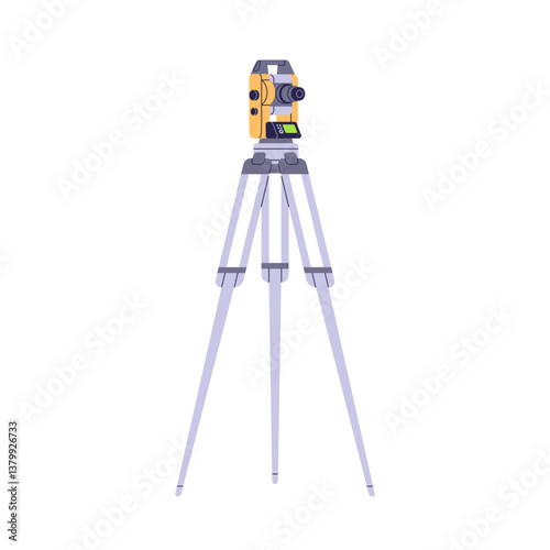 Total station on tripod. Theodolite, surveying engineering equipment, measuring device for land mapping, cartography, topography, building. Flat vector illustration isolated on white background