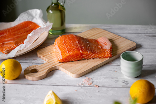 Fresh uncooked salmon fillet with pink salt and vegetable oil photo