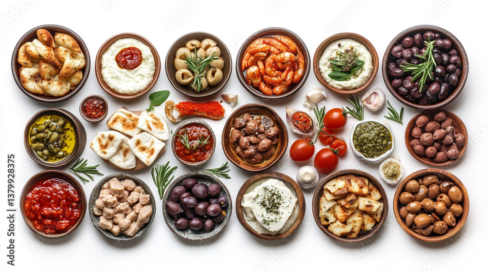 A selection of classic mezze dishes, isolated on a white background A selection of classic mezze dishes, isolated on a white background