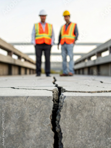 Two Construction Workers Inspecting Cracked Concrete on a Bridge with Safety Gear