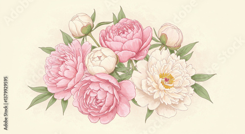 Bunch of Peony Flowers Hand Drawn Illustration