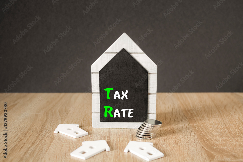 Concept words Tax rate on black blackboard. Beautiful wooden table, black background. A stack of coins. Business concept.