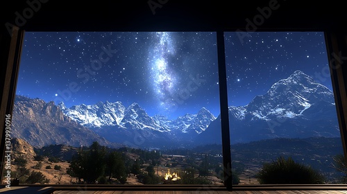 Starry Night Over Snowy Peaks: Milky Way Through Window with Alpine Village Lights