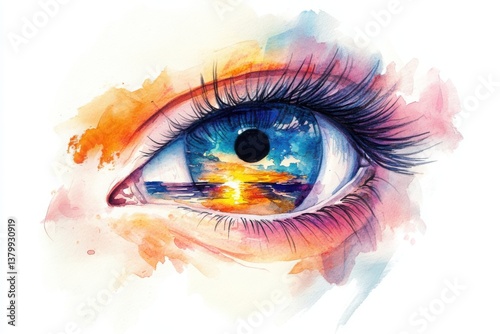 Watercolor painting of eye with sunset reflection in iris symbolizing vision, beauty, dreams and emotional perspective. Copy space
