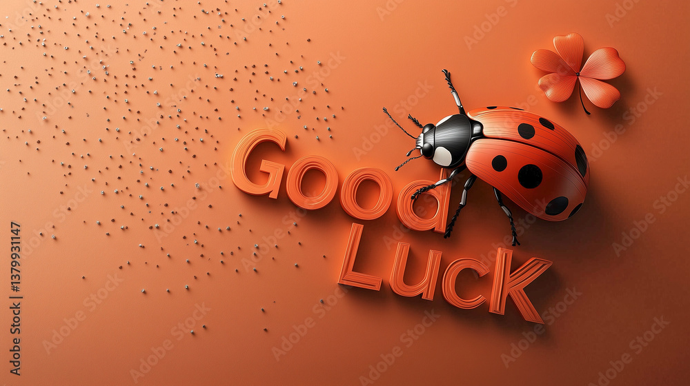 Fototapeta premium Ladybug with Good Luck Text and Clover on Orange Background