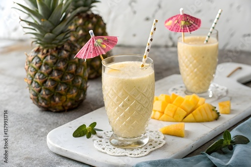 with white back ground pinacolada juice on a stone photo