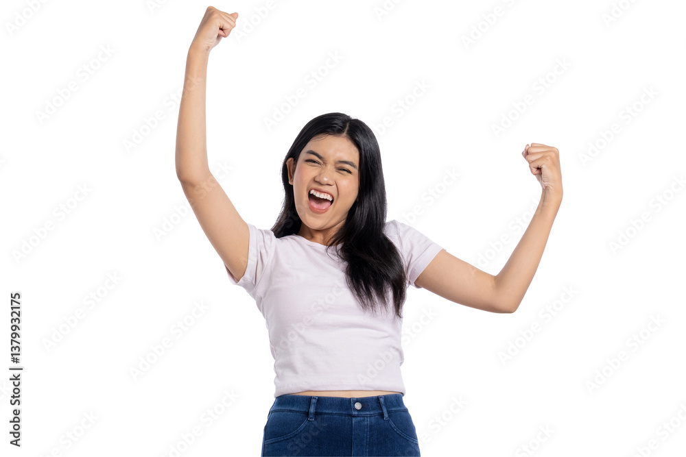Excited young Asian woman celebrating victory with raised arms, showing success or achievement, isolated on transparent background Excited young Asian woman celebrating victory with raised arms, showing success or achievement, isolated on transparent background