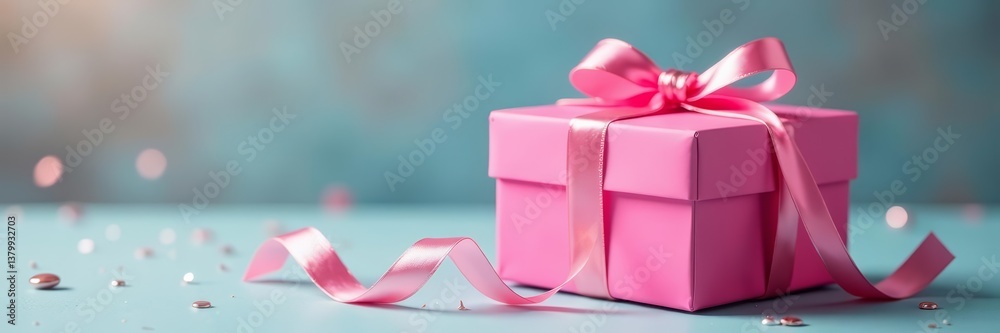Obraz premium Single pink gift box with shiny ribbon and bow, reveal, box