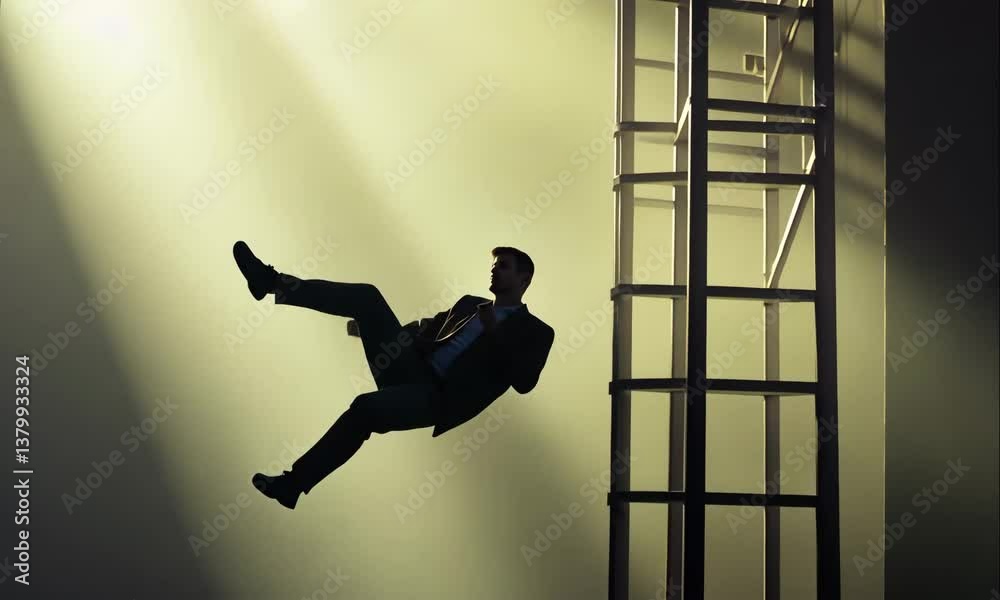 Low Angle Shot of a Businessman Falling From Ladder, with Cinematic ...