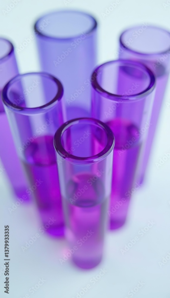 Close-up view of neatly arranged purple test tubes on a white background, tubes, laboratory Close-up view of neatly arranged purple test tubes on a white background, tubes, laboratory