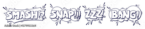 A set of four comical black and white speech bubbles with the words smash, snap, zzzz, bang and cute dark details all around.