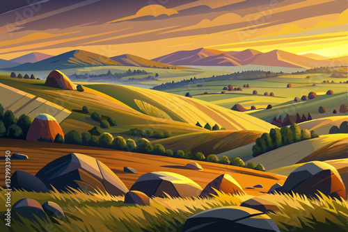 Vast rolling hills of the Romanian countryside with scattered boulders under a golden sunset, beautiful countryside landscape