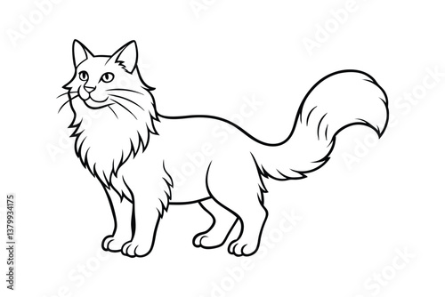 Line art vector illustration of a Norwegian Forest Cat standing proudly with its thick coat.eps