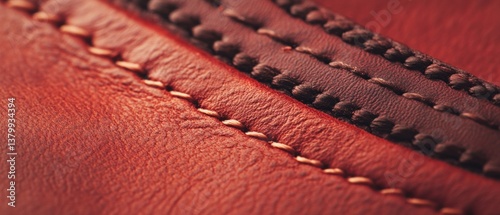 Close-up View of Detailed Stitched Leather Texture in Warm Tones Perfect for Fashion and Craft Projects