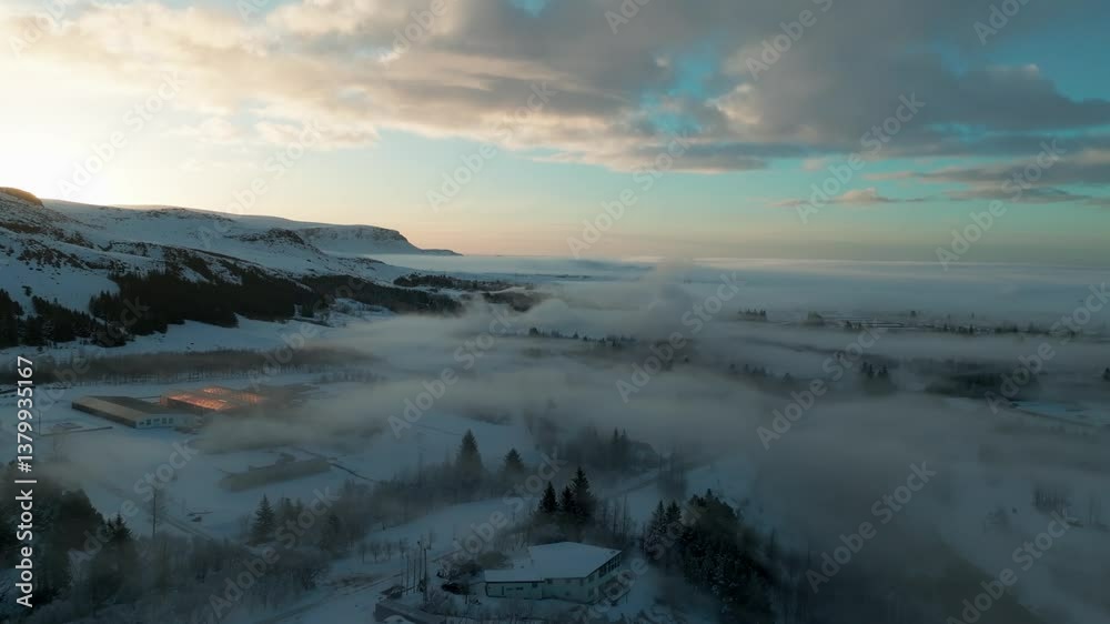 Clouds Covering Hveragerdi Geothermal Region During Winter In South Iceland - Drone Shot Clouds Covering Hveragerdi Geothermal Region During Winter In South Iceland - Drone Shot