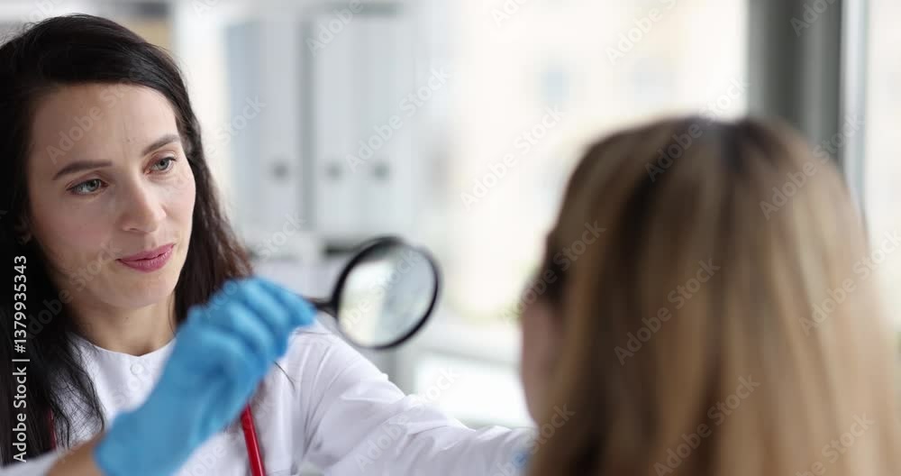 Woman dermatologist holds magnifying glass and examines red rashes on cheek of female patient. Doctor looks for signs of irritation or infection Woman dermatologist holds magnifying glass and examines red rashes on cheek of female patient. Doctor looks for signs of irritation or infection