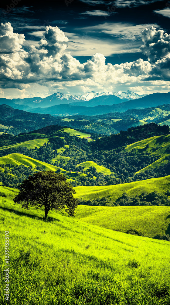 Vibrant Landscape with Tree: Panoramic view of a serene and vibrant landscape, featuring rolling green hills, a lone tree in the foreground, and distant mountain ranges under a dramatic, cloudy sky. Vibrant Landscape with Tree: Panoramic view of a serene and vibrant landscape, featuring rolling green hills, a lone tree in the foreground, and distant mountain ranges under a dramatic, cloudy sky.
