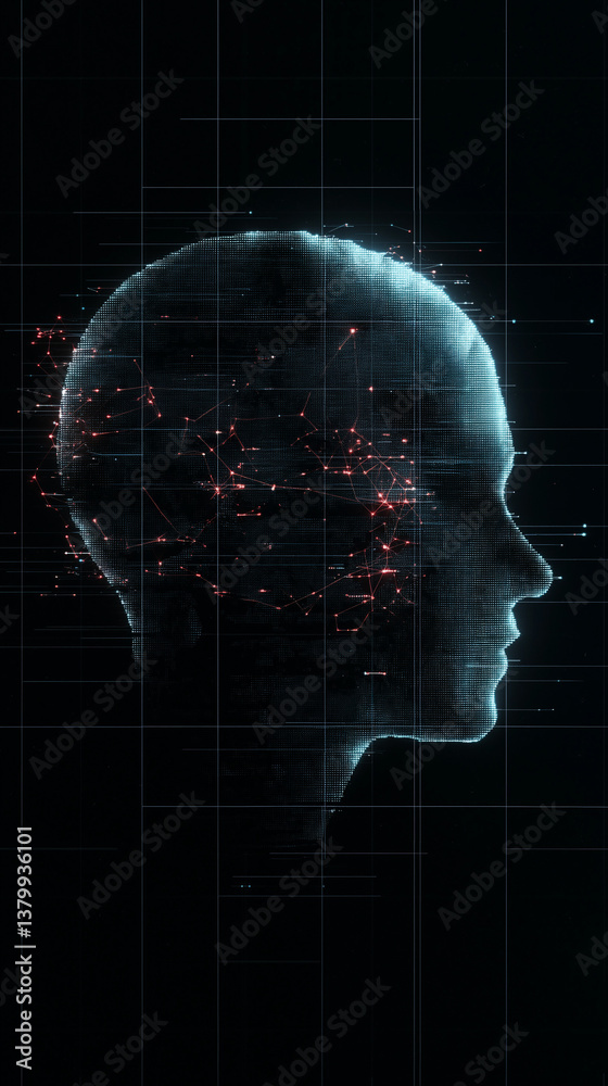 Mindscape of Innovation: A digital illustration of a human head profile against a grid background, depicting intricate neural pathways and sparking thoughts, evoking the concepts of thought. Mindscape of Innovation: A digital illustration of a human head profile against a grid background, depicting intricate neural pathways and sparking thoughts, evoking the concepts of thought.