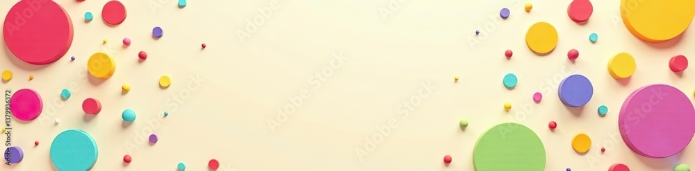 Colorful circles and spots in pink, blue, yellow, red, green, and purple on a light beige background, green, white Colorful circles and spots in pink, blue, yellow, red, green, and purple on a light beige background, green, white