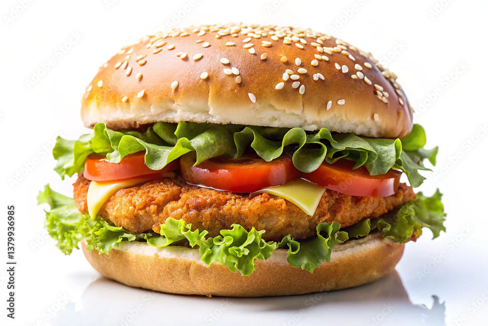 Delicious crispy chicken hamburger on white background
Delicious crispy chicken hamburger on white background