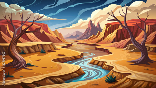 A surreal dry valley landscape with a winding dried-up riverbed cutting through the terrain.