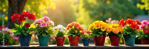 Wallpaper Mural Colorful flowers in various pots basking in sunlight outdoors, creating a vibrant and cheerful garden scene,  garden decor, flowers Torontodigital.ca