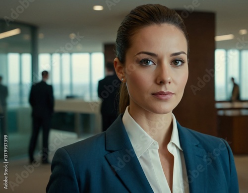 Business professional standing confidently in an office building
