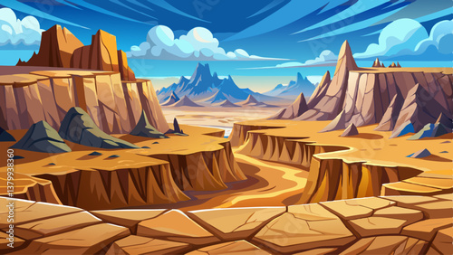A vast dry valley landscape with cracked earth and towering rocky cliffs under a clear blue sky