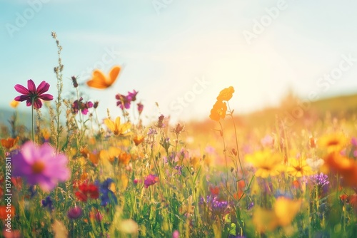 Fototapeta Naklejka Na Ścianę i Meble -  Vibrant wildflowers bathed in golden sunlight, a butterfly flits by, creating a serene and beautiful summer meadow scene.