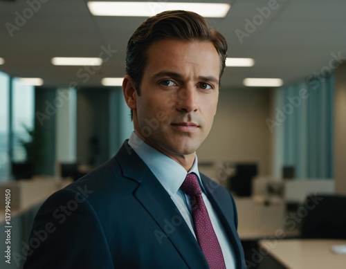 Business professional standing confidently in an office building