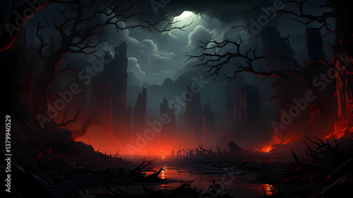 Apocalyptic Landscape with Burning City Ruins Silhouetted Against a Dark Gloomy Sky