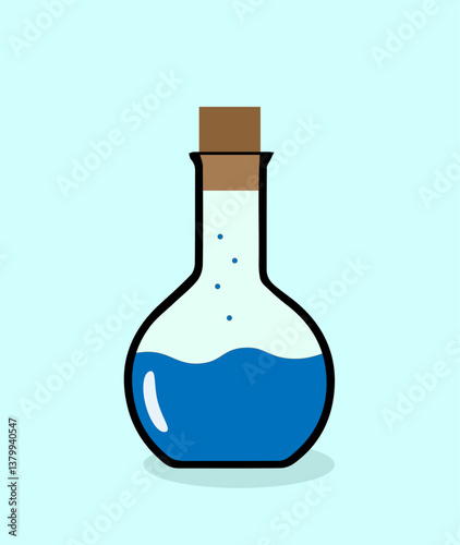 glass flask with blue liquid on a light blue background,