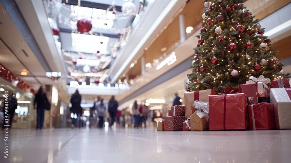 Obraz premium A beautifully decorated Christmas tree stands in a shopping mall atrium, surrounded by wrapped gifts while shoppers create a lively, festive environment