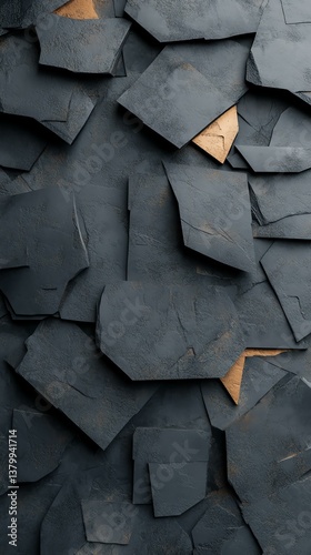 Textured slate background with geometric shapes.